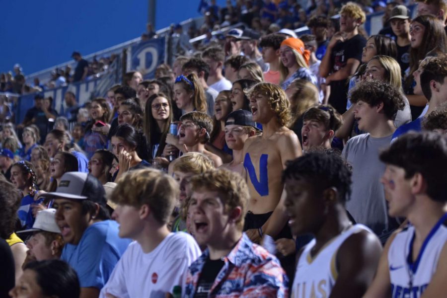 Football+fans+cheer+for+the+Eagles+at+their+first+home+game+of+the+season.+Per+usual%2C+the+student+section+was+full+of+school+spirit+thanks+to+the+return+of+Friday+night+football.