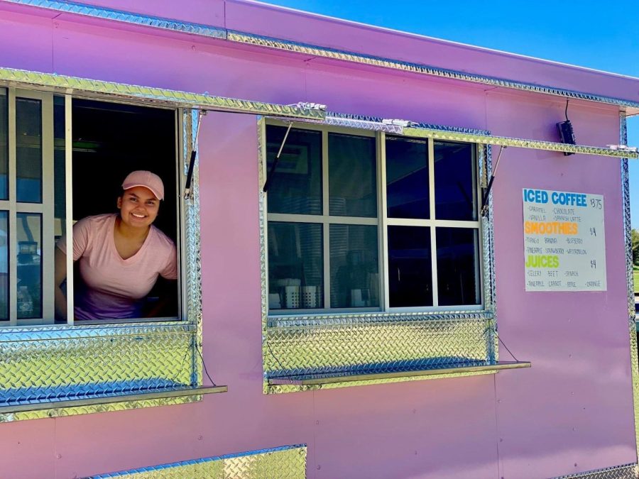 Raquel Lara, owner of Raquels Refreshments, is all smiles in her food truck. Raquels Refreshments sells iced coffees, smoothies, juices as well as food items.